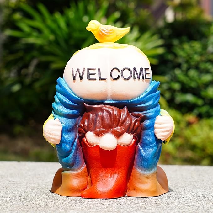 Solar Garden Statues Lights, 8.5" Cute Outdoor Gnome Figurine with Auto On/Off for Yard Patio Decor, Gifts for Women, Grandma, Mom, Housewarming (Welcome Gnome)