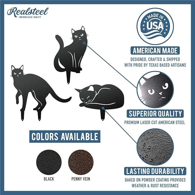 RealSteel - Garden Art Cats 3 Pack 2nd Edition - Cat Sculptures & Statues - Outdoor Yard Decorations for Cat Lovers - Zen Garden Accessories - Feline Kittens to Adorn Your Patio (Penny Vein)