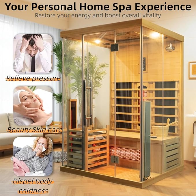 ZONEMEL Hybrid Wooden Sauna for 2-3 Person, Far Infrared & Steam Dual-System, 2100W 220V, 3.5KW Heater, 6 Heating Elements and Sauna Stove, 8mm Tempered Glass, Oxygen Bar, 7-Color Lights