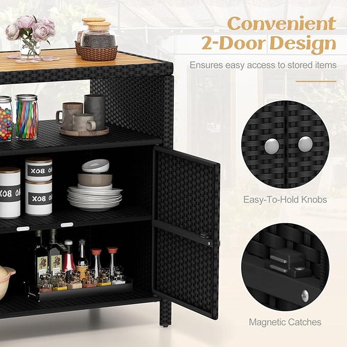 RELAX4LIFE Wicker Outdoor Bar Cabinet - PE Rattan Patio Bar Table w/Acacia Wood Countertop, Open Shelf & 2 Doors, Buffet Sideboard Organizer for Garden Backyard Pool, Outside Storage Cabinet (Black)