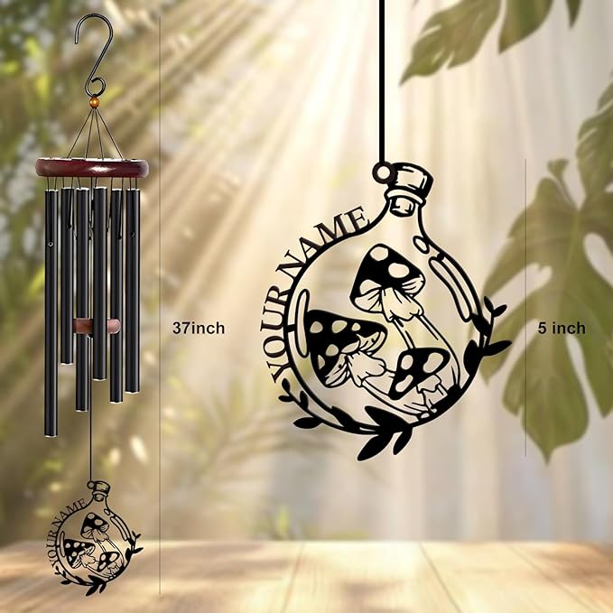 Personalized Customize Name Fantasy Mushroom Wonderland Wind Chime, Metal Iron 37 Inch Outdoor Memorial Gift for Garden Yard Patio Home Decor, Black (Style B)