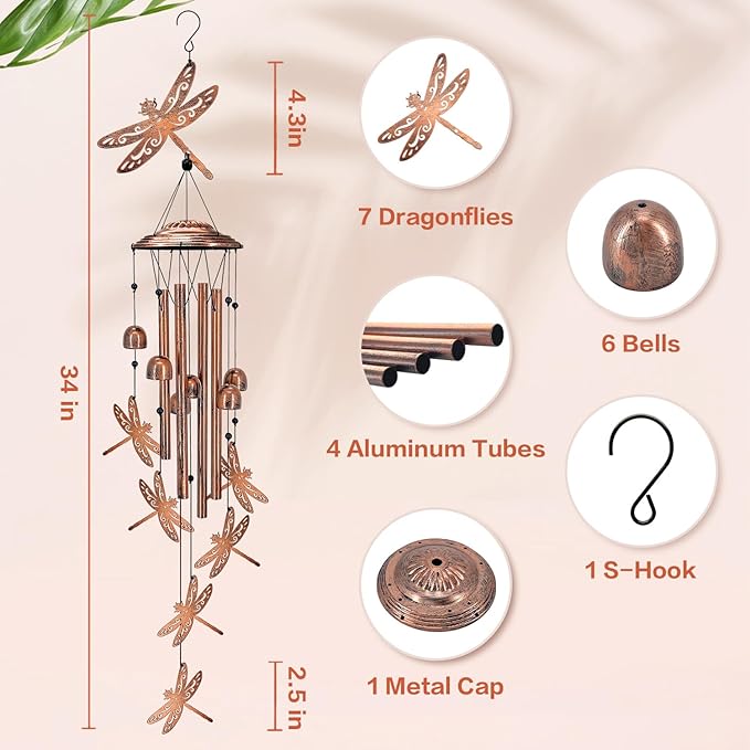 Dragonfly Wind Chimes Outdoor Dragonfly Gifts for Women/Men/Mom/Grandma/Wife Birthday Gifts Memorial Gift Metal WindChimes for Outside/Indoors, Home, Lawn, Porch, Patio, Garden Decor, Yard Decorations