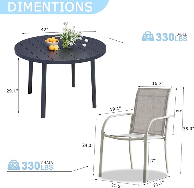 5 Pieces Round Dining Table Set for 4, Patio Dining Set Includes 4 Grey Stackable Patio Chairs and 1 Black Round Table, Patio Furniture Setss with Sling Support for Outside, Garden