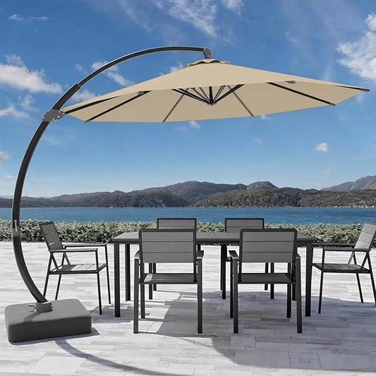 7-Piece Patio Dining Set with 11 FT Curvy Cantilever Umbrella, HDPE Tabletop & Aluminum Frame All-Weather Outdoor Furniture for Garden, Backyard, Poolside, Gray