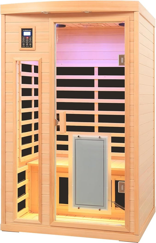 Ceramic Infrared Sauna, 2 Person Infrared Saunas for Home, Hemlock Wood Sauna Room, 2 in 1 Indoor Sauna with Low EMF Heaters 1750W/120V + Ceramic Heating Cubes-Chromotherapy-Bluetooth Speaker
