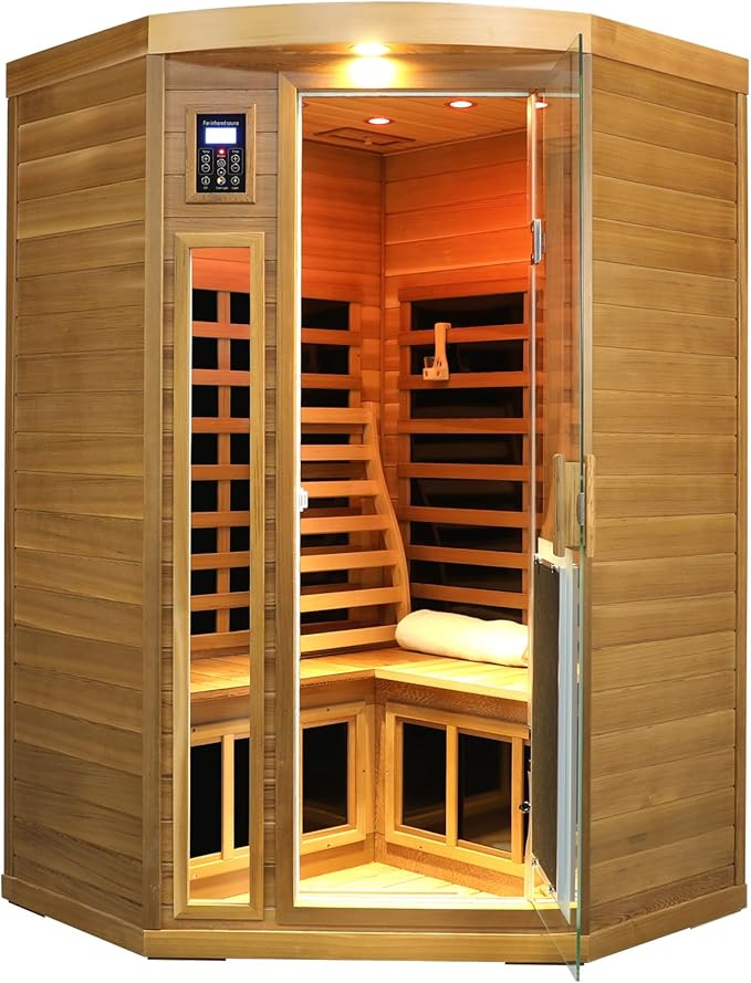 2-3 Person Infrared Sauna, Red Cedar Wood Low EMF Far Infrared Saunas for Home, 1760watt Indoor Personal Sauna Roombox with Door Heating Panels, Outdoor Lamps, Blue-Tooth, Dual Control