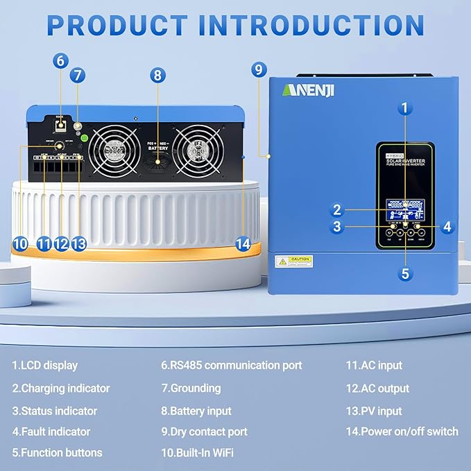 3000W Hybrid Solar Inverter 24V DC to 110V AC, Pure Sine Wave, Built-in 100A MPPT Controller, 98% Efficiency, Solar & Generator Input, Dustproof, for Home Backup RV Off-Grid