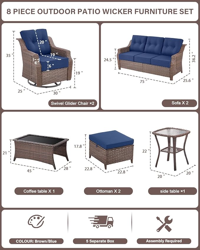 Belord High Back Wicker Outdoor Furniture - 8-Piece Patio Conversation Set with Swivel Rocker Glider Patio Chairs Set of 2 and Rattan Couch, Coffee Table and Ottoman for Lawn Backyard Porch Garden