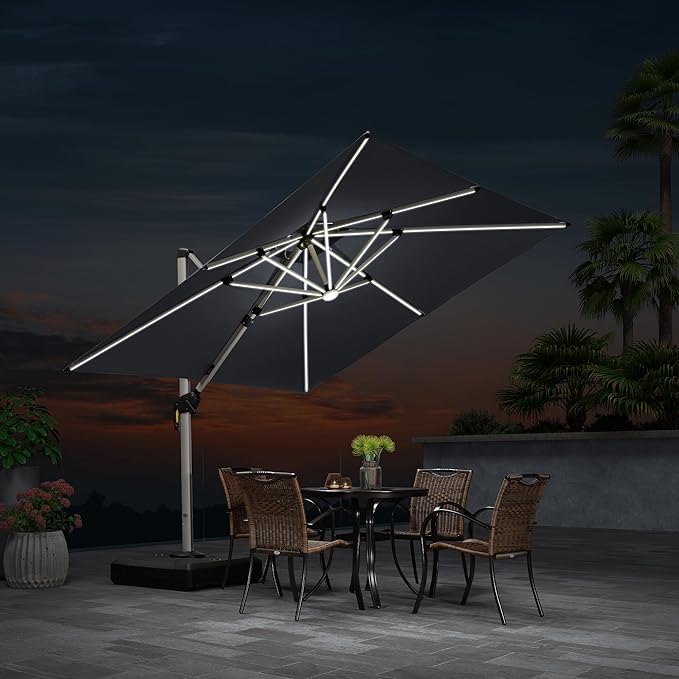 PURPLE LEAF 9 Feet Solar Powered LED Square Cantilever Umbrella With Base Patio Umbrellas Windproof Hanging Outdoor Umbrella Offset Umbrellas, Grey