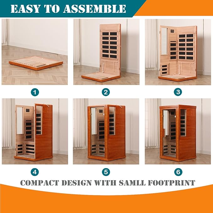 Far Infrared Saunas for Home, 1 Person Sauna Indoor Okoume Wood 1170W Low Emf Dry Sauna Room with Bluetooth Audio, 7 Heaters Panels and Tempered Glass Door (Red, 31.5" * 31.5" * 63.3")