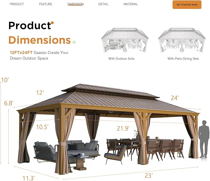 YOLENY 12' x 24' Gazebo, Wood Grain Aluminum Frame Pergola with Double Galvanized Steel Roof, Outdoor Permanent Metal Pavilion with Curtains and Nettings for Patio, Backyard and Deck