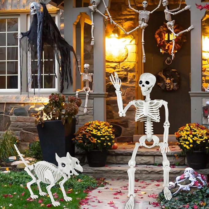 YUJUN 36'' Halloween Skeleton Decoration with 2Head Dog Skeleton, Full Body Posable Skeleton Realistic Plastic Bones Movable Joints for Halloween Party Yard Haunted House Props Indoor Outdoor Decor