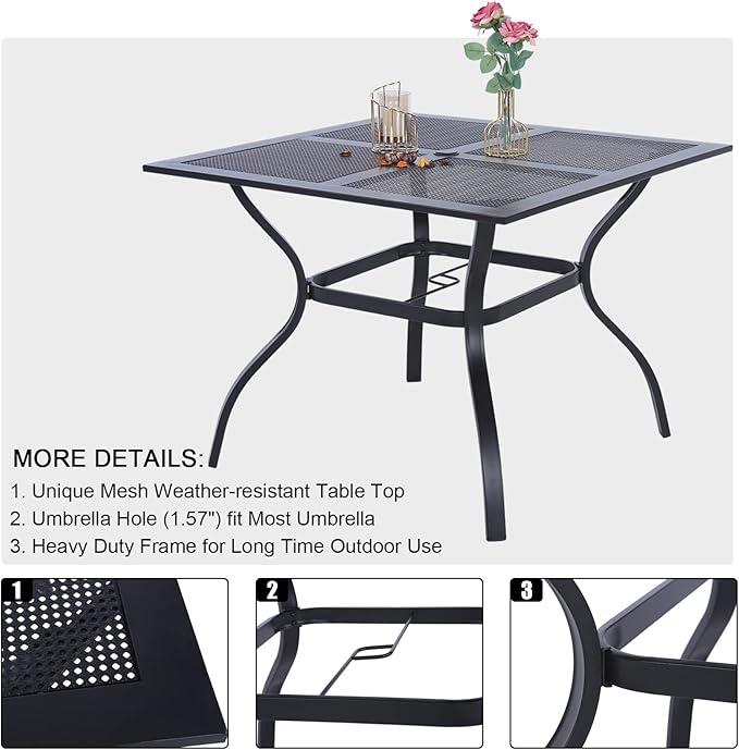 PHI VILLA 37 Inch Outdoor Dining Table Metal Steel Mesh Patio Dining Table Umbrella Table with 1.57" Umbrella Hole (Mesh)