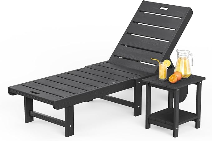 Outdoor Chaise Lounge Chairs with Table, 2-Piece, 26.8” Super Wide Lounge Chair Outdoor, HDPS Pool Chairs with 5 Positions, Patio Lounge Chair with Wheels for Pool,Lawn,Backyard, Black