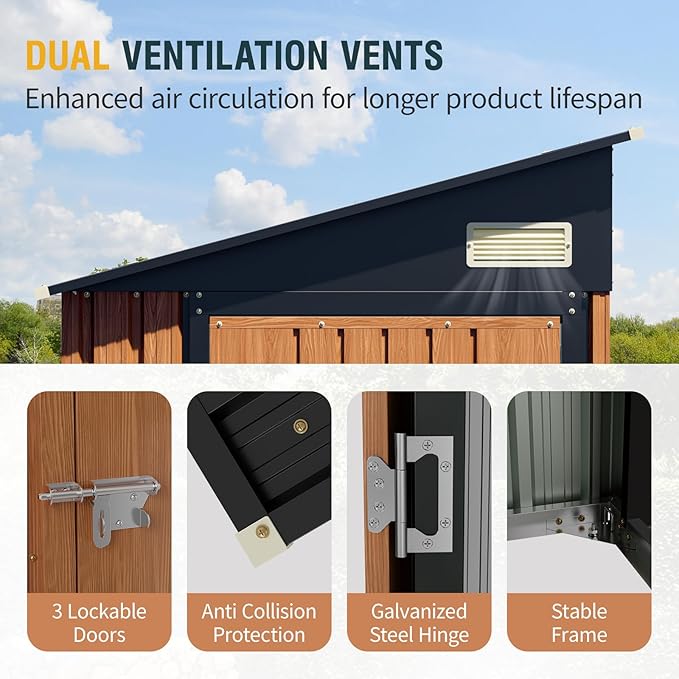 8x4 Ft Outdoor Storage Shed, Metal Garden Shed with Triple Lockable Doors & Vent, Multi-Used Shed for Backyard, Patio, Lawn and Tool & Bicycle Storage