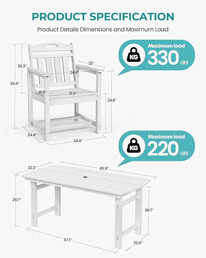 HDPE Outdoor Patio Dining Set with Table & 6 Chairs, All-Weather 7-Piece Outdoor Table and Chairs, 2" Umbrella Hole, Patio Furniture for Garden, Backyard, Deck | White