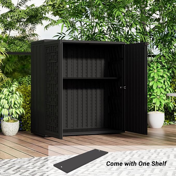KINYING Outdoor Storage Cabinet Waterproof, Resin 60 Gallon Deck Box for Patio Furniture Cushions, Garden Tools, Pool Tools and Kids’ Toys (Black with 1 Shelving)