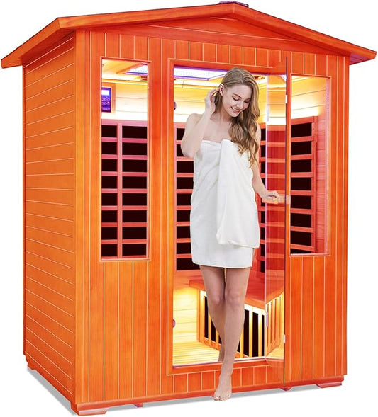 Outdoor Sauna 4 Person Dry Infrared Sauna with Red Light Wood Personal Spa Room Low-EMF 2600W 240V Abysmal Lamp Bluetooth Speakers 62.2"x46.9"x81.9"