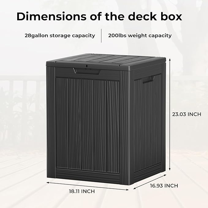 ROJIK Outdoor Storage Housing Deck Box - Waterproof Patio Furniture, Garden Tools, Cushions, Pool Accessories Storage Bench with Lockable Lid and Side Handles (Black, 28 Gal)