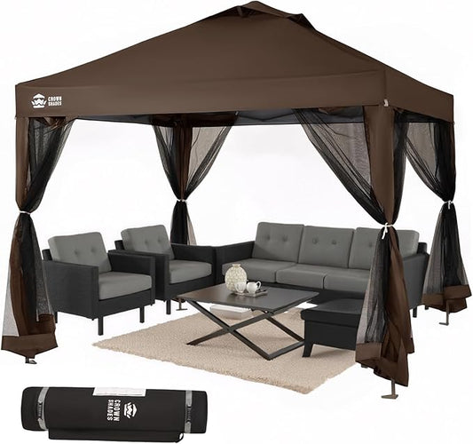 CROWN SHADES Gazebo 10x10, Pop Up Gazebo with Mosquito Netting, Screen Tent with 4 Ropes, 8 Stakes, 4 Sandbags and Wheeled Storage Bag, Canopy for Patio & Backyard, Coffee
