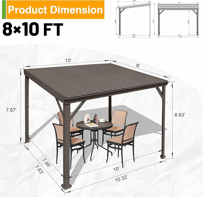 8x10FT Lean to Gazebo, Outdoor Metal Hardtop Wall Mounted Gazebo with Gutter & Sloping Galvanized Steel Roof, Hard Top Awnings/Shelter for Deck, Porch, Backyard- Brown