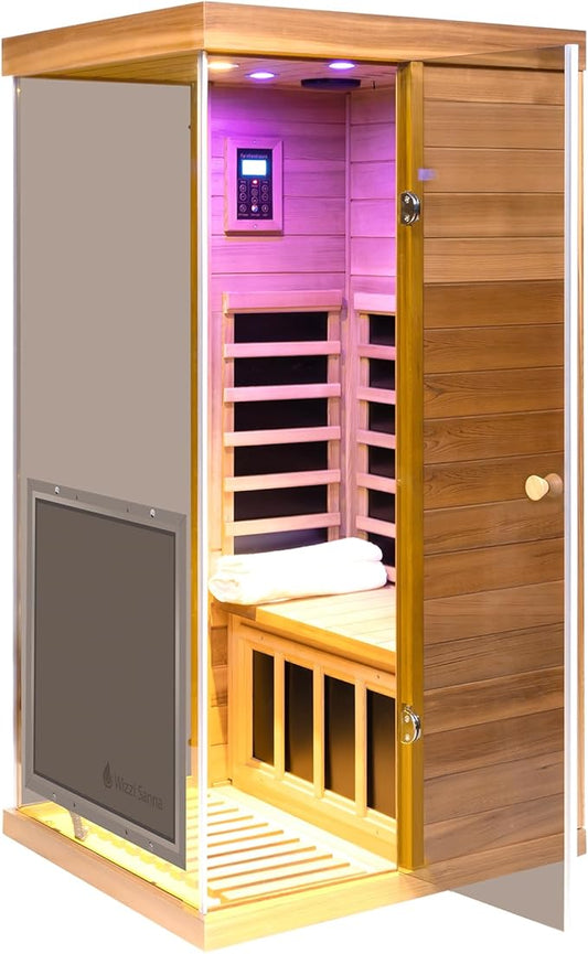 Red Cedar Dry Sauna for Home, Low EMF Far Infrared Indoor Sauna 1 Person 1100W/120V with 6 Carbon Panel Heater & LCD Control Panel & Bluetooth Audio & Chromotherapy Lights & 270° Panoramic Vision