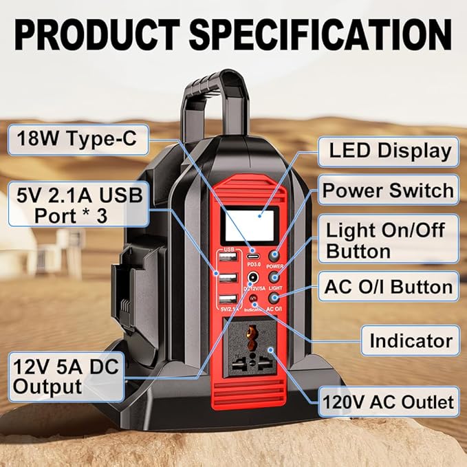 350W Power Inverter Compatible with Milwaukee18V Battery Power Supply Inverter DC 20V to AC 110~120V Pure Sine Wave Inverter with LED Light,AC,DC,Type-C,USB Port for Camping Emergency Travel