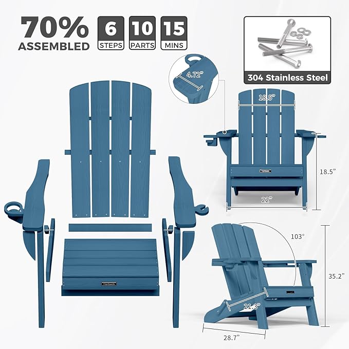 Folding Adirondack Chair Wood Texture 6 Pack, HDPE All-Weather Fire Pit Chairs, Plastic Adirondack Chairs with 2 Cup Holder, Outdoor Lawn Chair for Patio Garden (Navy Blue)