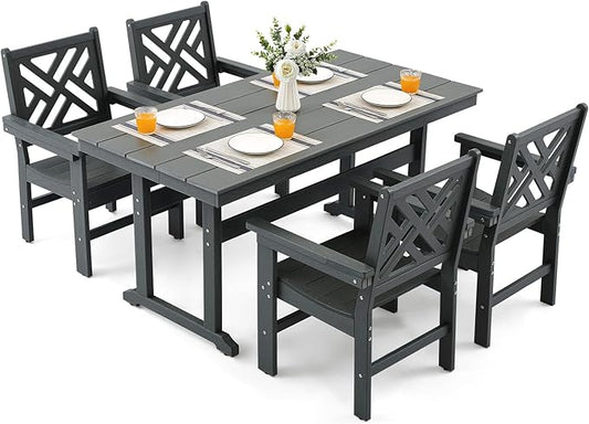 5 Piece HDPE Outdoor Dining Set for 4 Patio Dining Furniture Set with Umberlla Hole, Weather Resistent Outdoor Table and Chairs for Garden, Poolside, Backyard, Deck, Grey