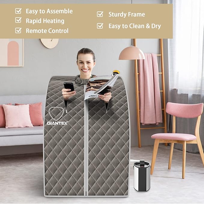 Giantex Portable Steam Sauna, Personal Therapeutic Sauna for Detox, Temperature & Timer Adjustable, 800W Sauna Box Spa w/Chair, 3L Steamer,Massage Roller,Mat,Remote Control, Home Sauna Tent (Gray)