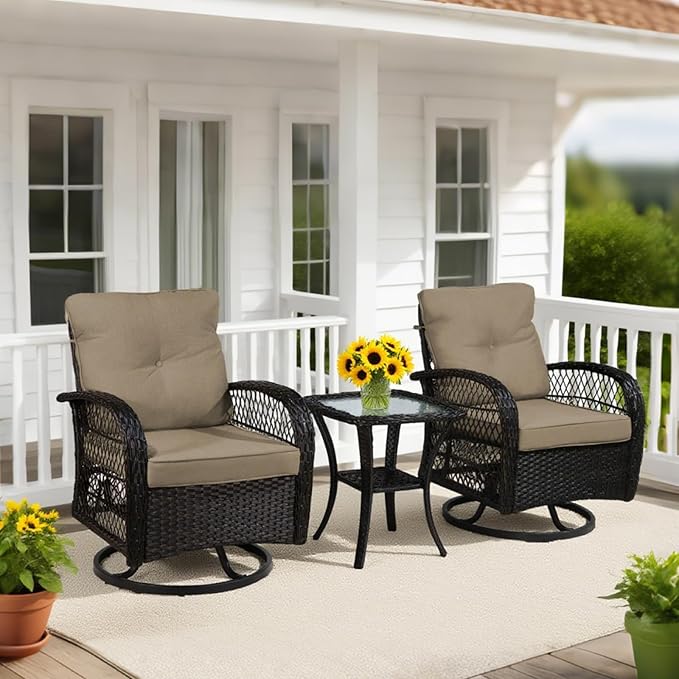 Patio Furniture Set Swivel Rocker, Outdoor Patio Chairs, 3 Piece Suit Porch Furniture Rocking Set, Backyard and Garden Rocker Rattan Chair, with Thickened Cushions and Glass Coffee Table(Brown)