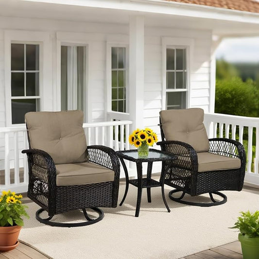Patio Furniture Set Swivel Rocker, Outdoor Patio Chairs, 3 Piece Suit Porch Furniture Rocking Set, Backyard and Garden Rocker Rattan Chair, with Thickened Cushions and Glass Coffee Table(Brown)