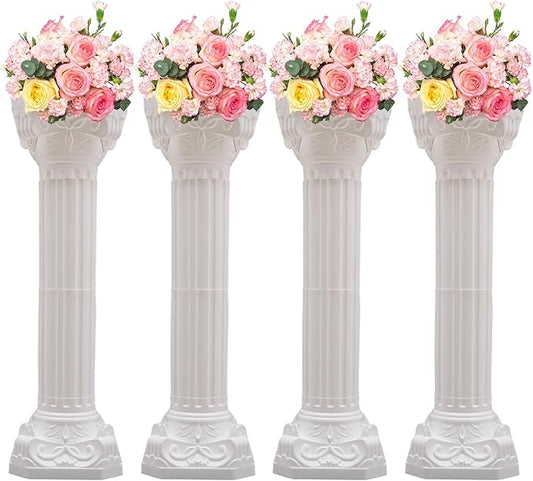Roman Column Pedestal, Plastic White Columns for Weddings Indoor/Outdoor Roman Pillar Stand for Table Sculptures, Vase, Garden Decor (4PCS, 10.6 x 34.6 Inch Round)