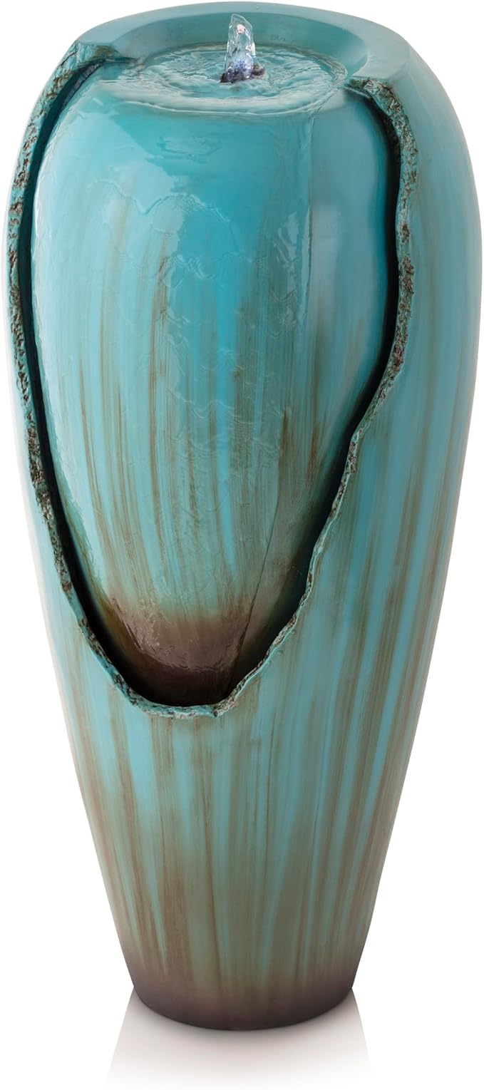 Alpine Corporation DIG100XS | 33"H Outdoor Antique Jar Water Fountain — Cascading LED Light Design for Patio, Deck & Yard — Turquoise Finish
