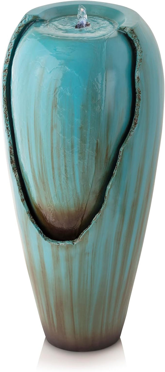 Alpine Corporation DIG100XS | 33"H Outdoor Antique Jar Water Fountain — Cascading LED Light Design for Patio, Deck & Yard — Turquoise Finish