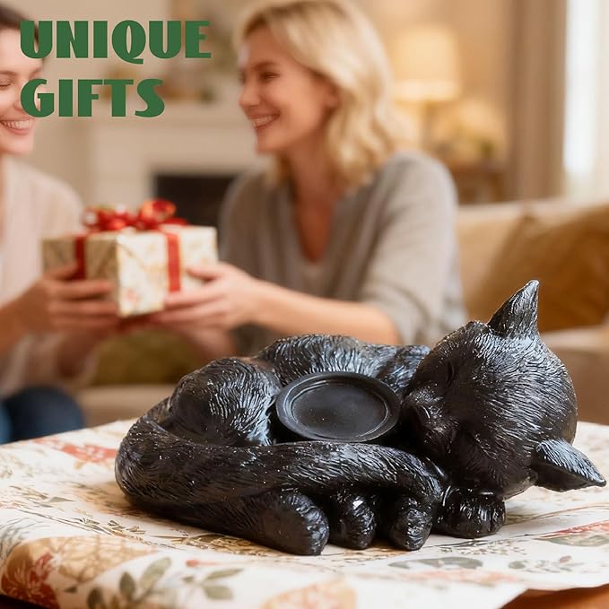 Sleeping Cat Candle Holder Statue Realistic Resin Cat Figurine with Candle Tray Outdoor Garden Decor for Patio Yard or Indoor Use for Cat Lovers Women and Memorials Black