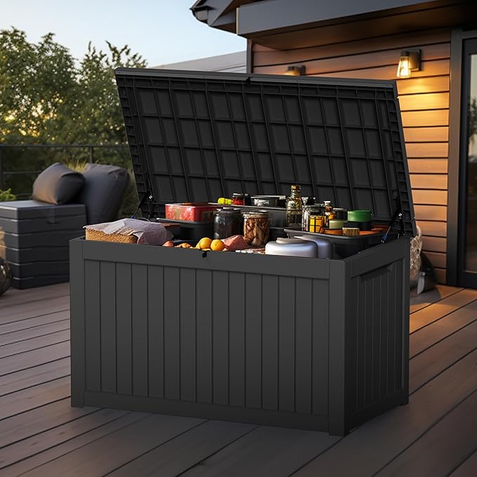 EasyUp 230 Gallon Outdoor Storage Box Waterproof, UV Resistant Resin Deck Box with Hydraulic Rod, Reinforced Stability for Patio, Garden,Striped Black