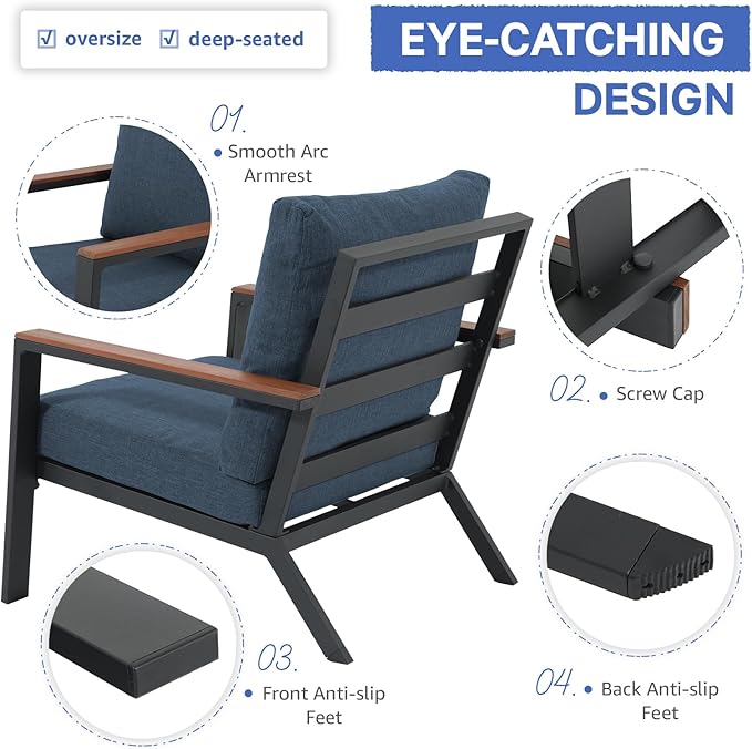 Soleil Jardin Aluminum Patio Furniture Set with FSC Certified Solid Wood Top Armrest & Coffee Table, Outdoor Deep Seating Sectional Sofa, 5 Piece Conversation Sets w/Removable Cushion, Denim Blue