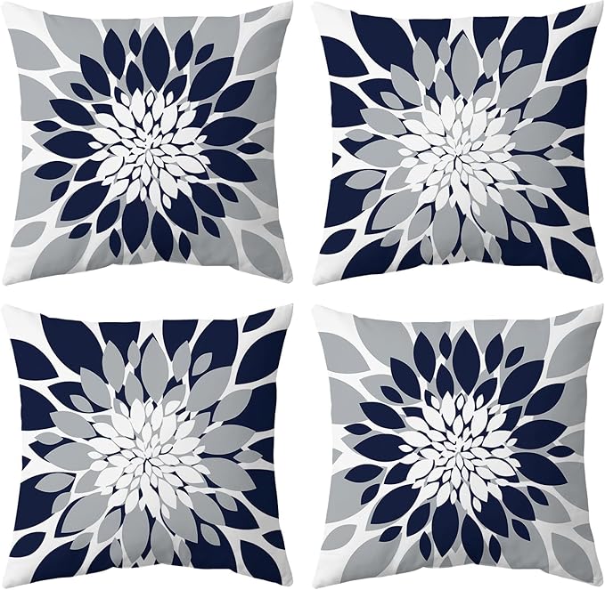 Qahing Pack of 4 Outdoor Waterproof Pillow Covers 24x24 Decorative Outdoor Throw Pillows Garden Square Cushion Cases for Patio Furniture, Couch, Tent Sunbrella, Bench, Navy Blue Grey