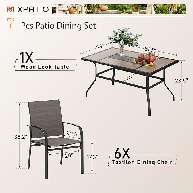 Outdoor Patio Dining Set 7 Piece Furniture Set with 6 Brown Textilene Chairs and Wood-Like Table Top Rectangular Table for Deck Garden Backyard Lawn Poolside