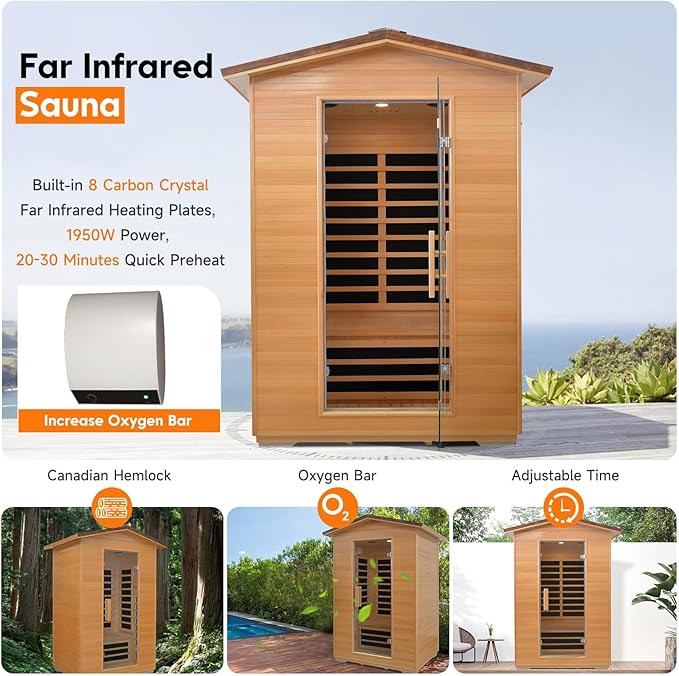Outdoor Sauna 2 Person Far Infrared Saunas Dry Home Sauna Room Hemlock 1 to 2 Person Wood Sauna 1950W/110V Low EMF with Speaker, Reading Light, Cup Holder and Towel Rack - 47 * 39 * 82 in