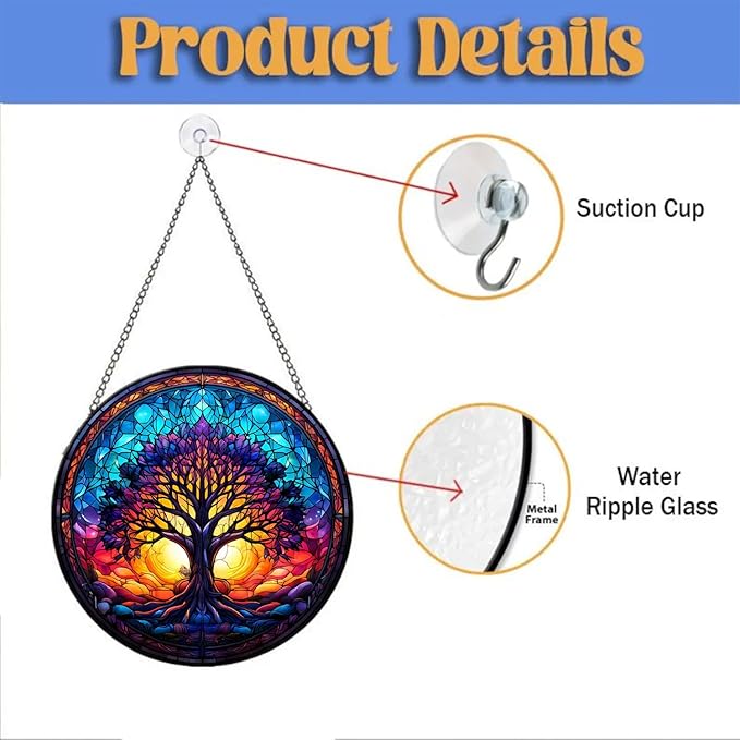 Colorful Tree of Life Suncatcher -7.9 in Stained Glass Window Hanging Catcher Garden Decor