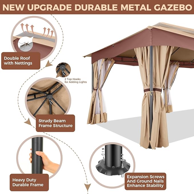 COBIZI Gazebo 12x20 Heavy Duty Gazebos with Curtain and Netting Outdoor Gazebo Canopy Double Roof Patio Gazebos with Metal Steel Frame for Patio, Deck, Backyard (Khaki)