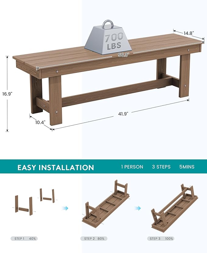 SERWALL Outdoor Dining Set for 6, HDPE Furniture with Umbrella Hole & Bench & Chairs, All Weather, Brown