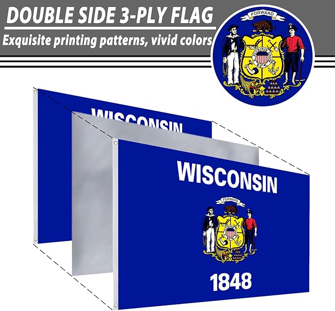 FLAGWIN Wisconsin Flag 3x5 FT - 3 Ply Double Sided Polyester Wisconsin State Flag with Brass Grommets - Vivid Color and Fade Proof State of Wisconsin Flags 3x5 Outdoor