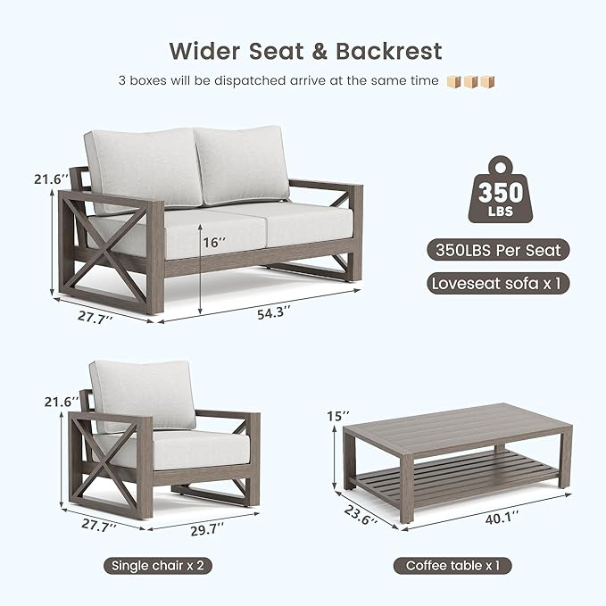 UDPATIO 5 Piece Faux Wood Aluminum Patio Furniture Set 6 Seats Modern Outdoor Furniture Patio Conversation Sets with Coffee Table for Balcony, Backyard, 600D Waterproof Cover Included, Light Grey