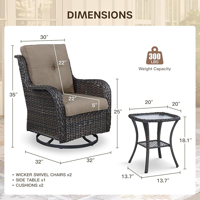 Patio Swivel Chairs with Smile-Shaped Cushions, 3 Piece High Back Patio Swivel Glider Chairs with Side Table 3PCS PE Rattan Luxury Swivel Patio Chairs Set Brown Wicker | Grey Cushions