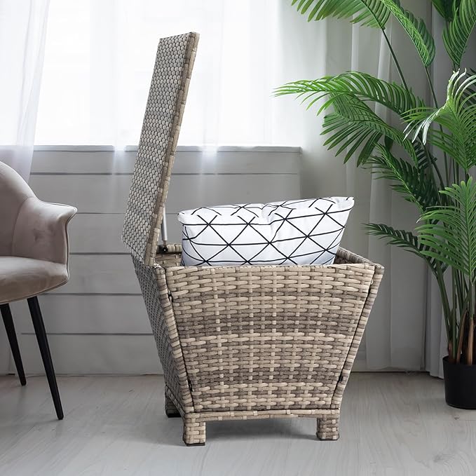 Outvita Outdoor Side Table, Rattan Coffee Table with Storage 13 Gallon Patio Small Deck Storage Box for Cushion Towel Books, Brown Side Table with lid
