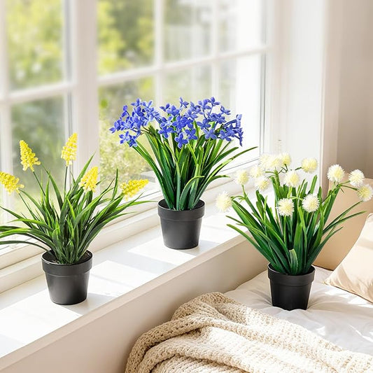 3 Pack Fake Small Plant Artificial Potted Flowers for Home Decor Fake Flower Plant Greenery Mini Faux Plant for Indoor Bedroom Living Room Office Shelf Bathroom Farmhouse Decor (Type 7)