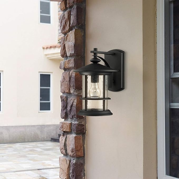 MICSIU Textured Black Outdoor Wall Sconce 2 Pack, Waterproof Exterior Wall Lighting Fixtures with Clear Seedy Glass, 10" Outside Lights for House Front, Porch, Patio, Backyard